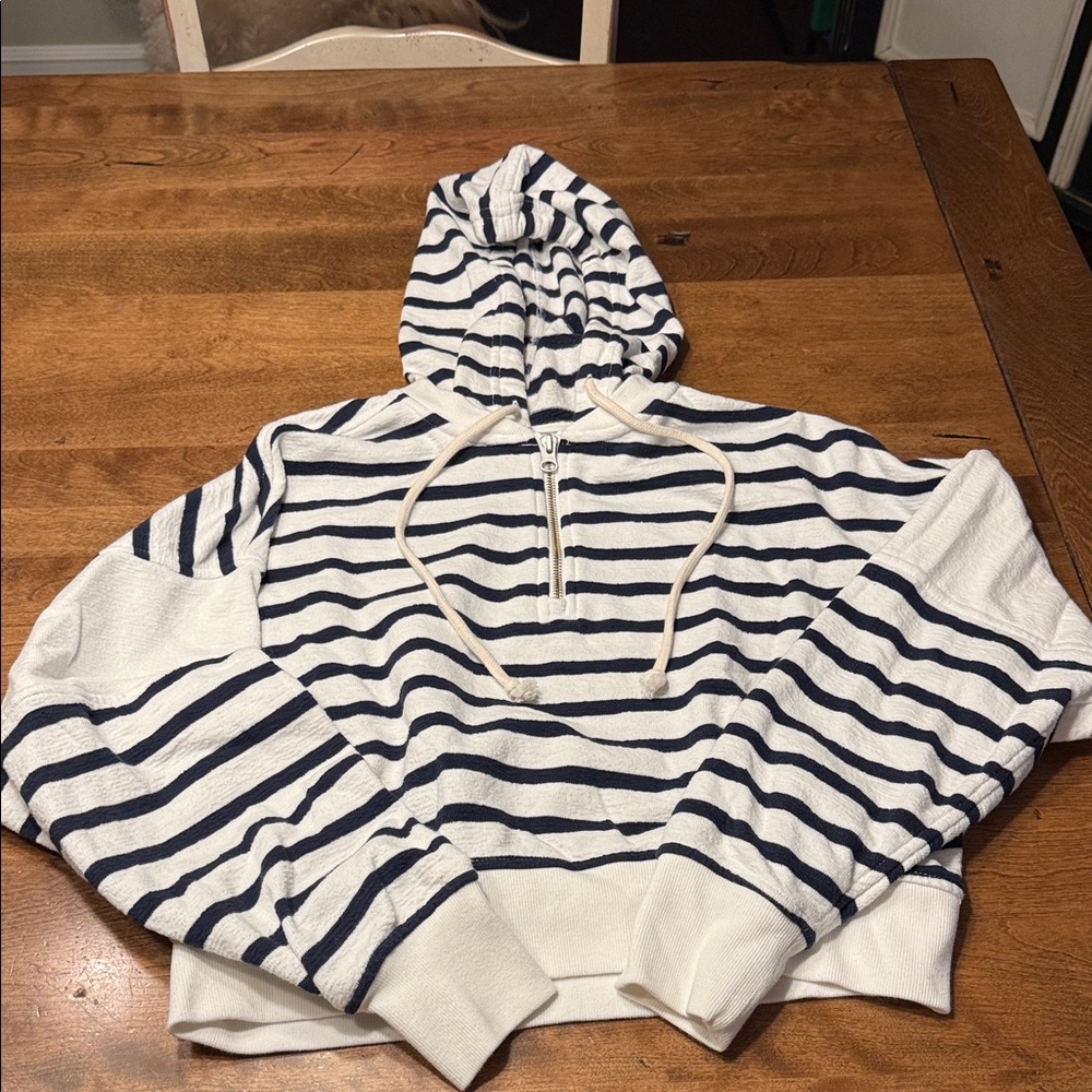 Aerie Striped Navy and White Quarter Zip Hoodie